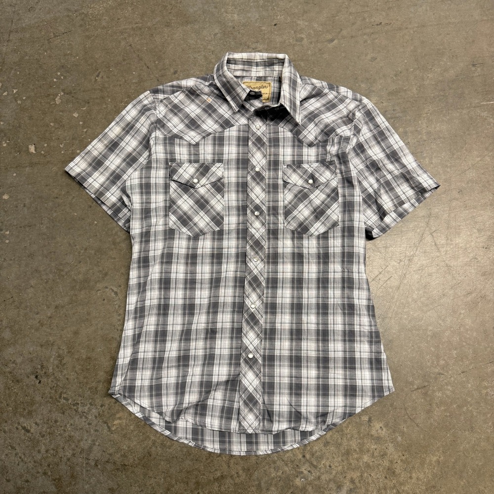 Wrangler Western Shirt Mens Medium Grey Plaid Pearl Snap Short Sleeve Yoke